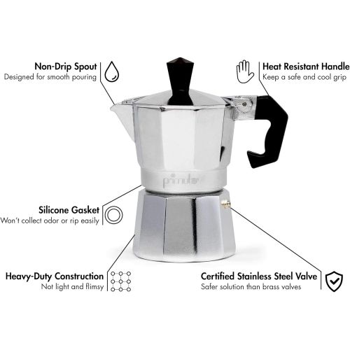  Primula Stovetop Espresso and Coffee Maker, Moka Pot for Classic Italian and Cuban Cafe Brewing, Cafetera, One Cup, Silver