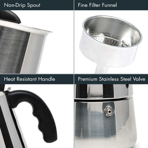  Primula Premium Stainless Steel Stovetop Espresso and Coffee Maker, Moka Pot for Classic Italian Style Cafe Brewing, Four Cup