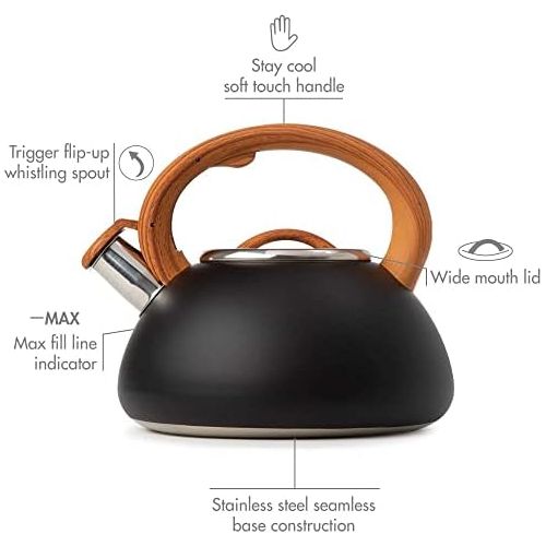  [아마존베스트]Primula Avalon Whistling Stovetop Tea Kettle Food Grade Stainless Steel Hot Water, Fast to Boil, Cool Touch Handle, 2.5 Quart, Black