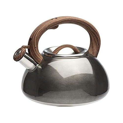  Primula PAGM1 6225 Primula Avalon Whistling Stovetop Tea Kettle Food Grade Stainless Steel Hot Water, Fast to Boil, Cool Touch Handle, 2.5 Quart, Gunmetal Grey and Wood Finish