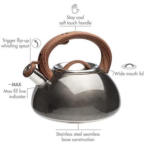  Primula PAGM1 6225 Primula Avalon Whistling Stovetop Tea Kettle Food Grade Stainless Steel Hot Water, Fast to Boil, Cool Touch Handle, 2.5 Quart, Gunmetal Grey and Wood Finish