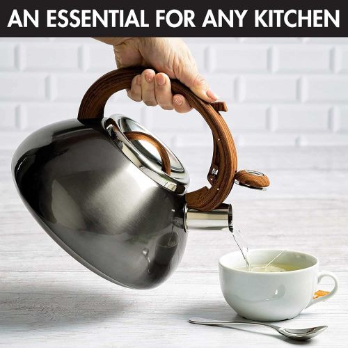  Primula PAGM1 6225 Primula Avalon Whistling Stovetop Tea Kettle Food Grade Stainless Steel Hot Water, Fast to Boil, Cool Touch Handle, 2.5 Quart, Gunmetal Grey and Wood Finish