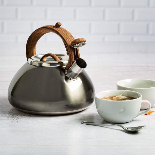  Primula PAGM1 6225 Primula Avalon Whistling Stovetop Tea Kettle Food Grade Stainless Steel Hot Water, Fast to Boil, Cool Touch Handle, 2.5 Quart, Gunmetal Grey and Wood Finish