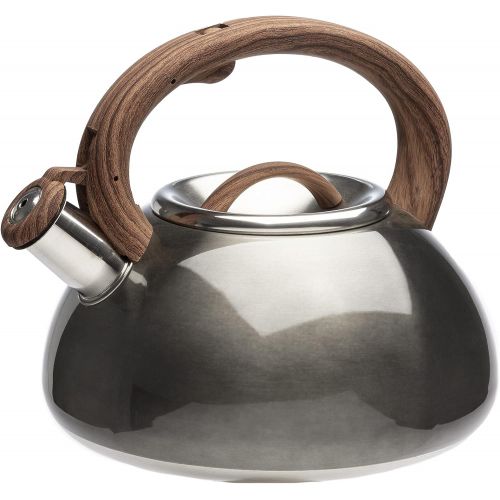  Primula PAGM1 6225 Primula Avalon Whistling Stovetop Tea Kettle Food Grade Stainless Steel Hot Water, Fast to Boil, Cool Touch Handle, 2.5 Quart, Gunmetal Grey and Wood Finish