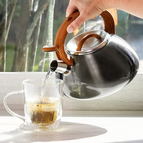  Primula PAGM1 6225 Primula Avalon Whistling Stovetop Tea Kettle Food Grade Stainless Steel Hot Water, Fast to Boil, Cool Touch Handle, 2.5 Quart, Gunmetal Grey and Wood Finish