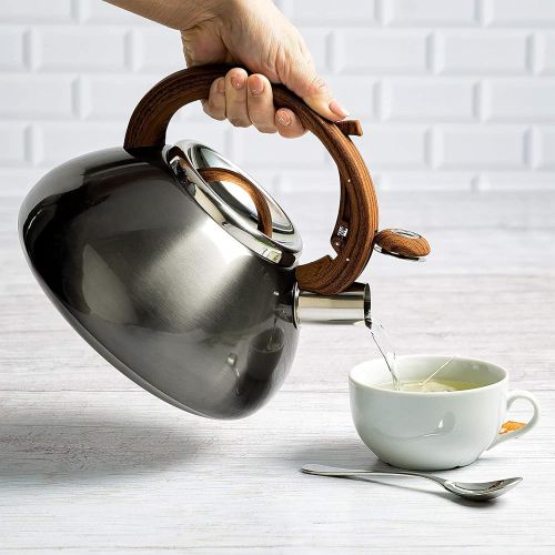  Primula PAGM1 6225 Primula Avalon Whistling Stovetop Tea Kettle Food Grade Stainless Steel Hot Water, Fast to Boil, Cool Touch Handle, 2.5 Quart, Gunmetal Grey and Wood Finish