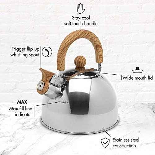  Primula Stewart Whistling Stovetop Tea Kettle Food Grade Stainless Steel, Hot Water Fast to Boil, Cool Touch Folding, 1.5 Qt, Polished Silver with Wood Handle