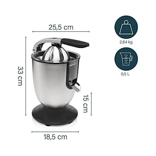  Princess Edelstahl Zitruspresse Champion Juicer - professioneller Hebelarm, 160 Watt Motor, Universalaufsatz fuer Zitrusfruechte, Fliessstopfunktion, 201852