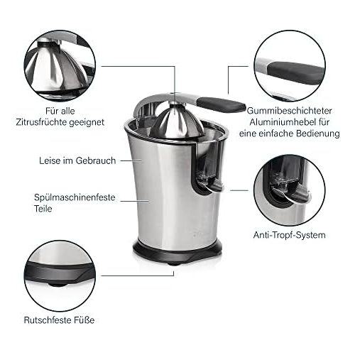  Princess Edelstahl Zitruspresse Master Juicer - professioneller Hebelarm, 160 Watt Motor, Universalaufsatz fuer Zitrusfruechte, Fliessstopfunktion, 201851