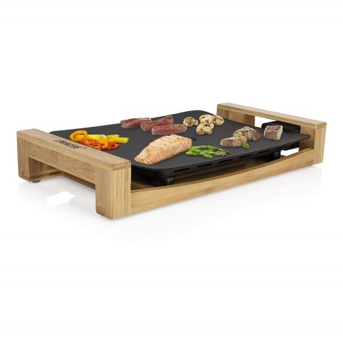  Princess 01.103010.01.001 Pure Bambus Tischgrill/Teppanyaki Grill-mit Flacher Grillplatte (33 x 25 cm) und 4 Holzspatel, 103010, Aluminium-Druckguss, Schwarz, Holz