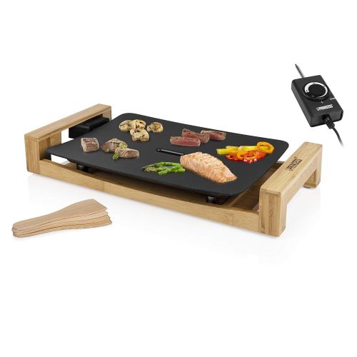  Princess 01.103010.01.001 Pure Bambus Tischgrill/Teppanyaki Grill-mit Flacher Grillplatte (33 x 25 cm) und 4 Holzspatel, 103010, Aluminium-Druckguss, Schwarz, Holz