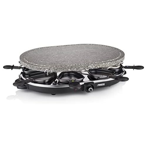  [아마존베스트]Princess Oval Raclette Stone Grill, 1200 Watt, Adjustable Thermostat, for 8 People, Non-Stick Coated Pans, 162720