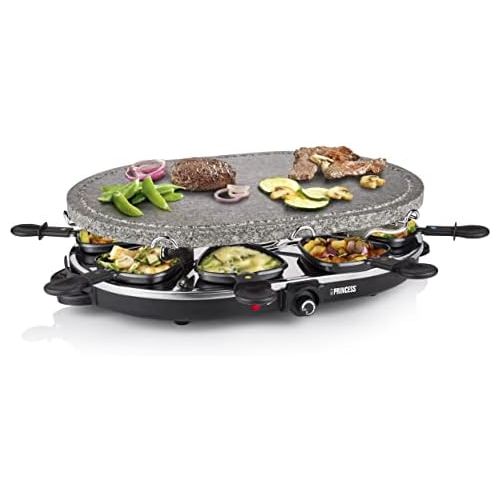  [아마존베스트]Princess Oval Raclette Stone Grill, 1200 Watt, Adjustable Thermostat, for 8 People, Non-Stick Coated Pans, 162720