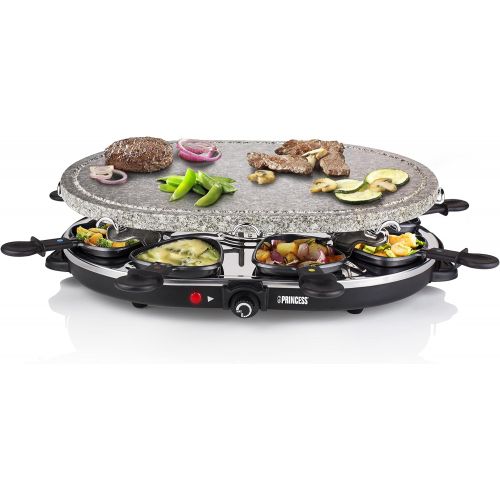  [아마존베스트]Princess Oval Raclette Stone Grill, 1200 Watt, Adjustable Thermostat, for 8 People, Non-Stick Coated Pans, 162720