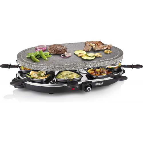  [아마존베스트]Princess Oval Raclette Stone Grill, 1200 Watt, Adjustable Thermostat, for 8 People, Non-Stick Coated Pans, 162720