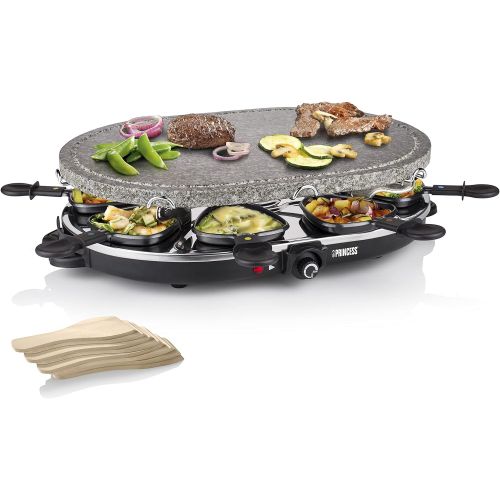  [아마존베스트]Princess Oval Raclette Stone Grill, 1200 Watt, Adjustable Thermostat, for 8 People, Non-Stick Coated Pans, 162720