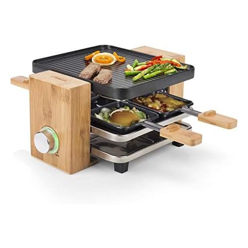  [아마존베스트]Princess Pure Raclette Grill in Bamboo Design for 4 People, 700 Watt, Thermostat, 4 Small Frying Pans and Spatula + Natural Stone Grill Plate