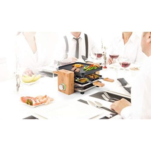  [아마존베스트]Princess Pure Raclette Grill in Bamboo Design for 4 People, 700 Watt, Thermostat, 4 Small Frying Pans and Spatula + Natural Stone Grill Plate