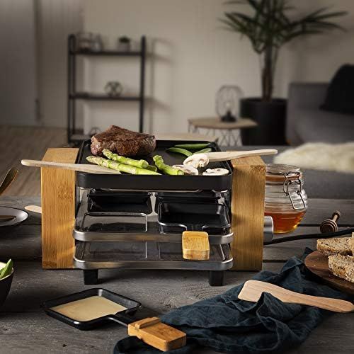  [아마존베스트]Princess Pure Raclette Grill in Bamboo Design for 4 People, 700 Watt, Thermostat, 4 Small Frying Pans and Spatula + Natural Stone Grill Plate