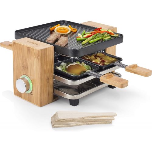  [아마존베스트]Princess Pure Raclette Grill in Bamboo Design for 4 People, 700 Watt, Thermostat, 4 Small Frying Pans and Spatula + Natural Stone Grill Plate