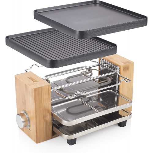  [아마존베스트]Princess Pure Raclette Grill in Bamboo Design for 4 People, 700 Watt, Thermostat, 4 Small Frying Pans and Spatula + Natural Stone Grill Plate