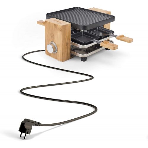  [아마존베스트]Princess Pure Raclette Grill in Bamboo Design for 4 People, 700 Watt, Thermostat, 4 Small Frying Pans and Spatula + Natural Stone Grill Plate