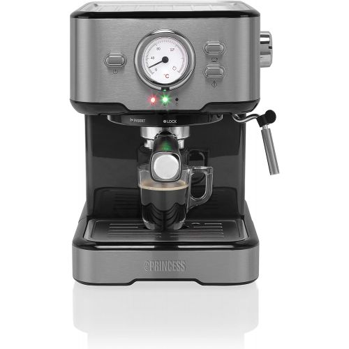  Princess 249412 Espresso and Capsule Machine, Stainless Steel, Also Milk Foam Variants such as Cappuccino, Latte and Espresso Macchiato, 20 Bar, Silver