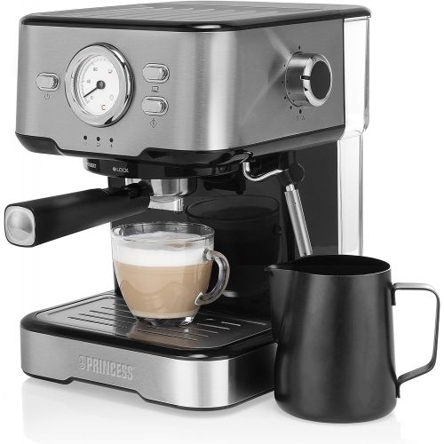  Princess 249412 Espresso and Capsule Machine, Stainless Steel, Also Milk Foam Variants such as Cappuccino, Latte and Espresso Macchiato, 20 Bar, Silver