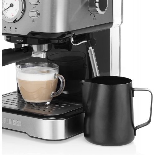  Princess 249412 Espresso and Capsule Machine, Stainless Steel, Also Milk Foam Variants such as Cappuccino, Latte and Espresso Macchiato, 20 Bar, Silver