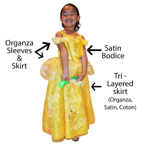  Princess Nori Princess Belle Dress Beauty and The Beast Princess Dress (Large fits 5t/6t) Satin Organza Cotton Blend