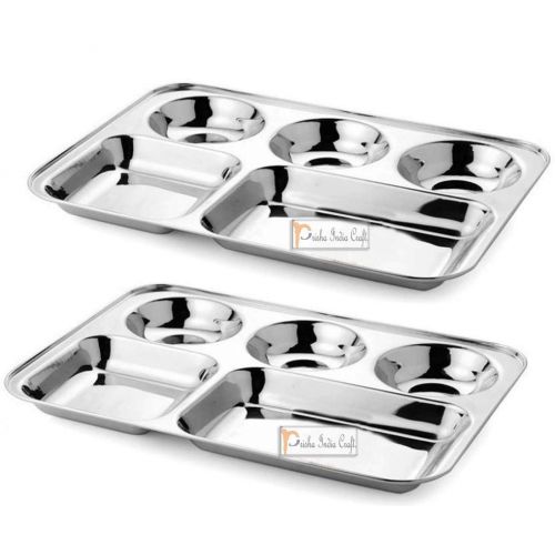  Prisha India Craft Stainless Steel 5-in-1 Compartment Divided Plate, Dosa Serving Plate | Length 14.00 Inch | Set of 2