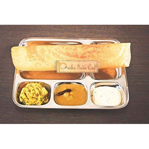  Prisha India Craft Stainless Steel 5-in-1 Compartment Divided Plate, Dosa Serving Plate | Length 14.00 Inch | Set of 2