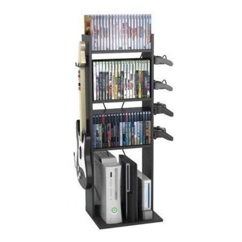  Pro-G Storage Rack Stand Bookcase 60 DVD Video Game Wood Organizer Tower with Guitar Hook Any More Accessories 4 Fixed Shelves