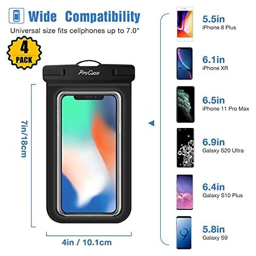  [아마존베스트]ProCase Universal Cellphone Waterproof Pouch Dry Bag Underwater Case for iPhone 12 Pro Max 11 Pro Max Xs Max XR X 8 7 6S, Galaxy S20 Ultra S10 S9 S8/Note10 9 up to 6.9 -4 Pack,Blac