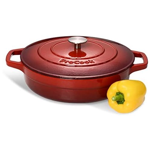  ProCook | niedriger Bratentopf aus Gusseisen | induktionsgeeignet | emailliert | Brater | Schmorpfanne | 28 cm Ø | 3,9 l Volumen | in schattiertem Rot