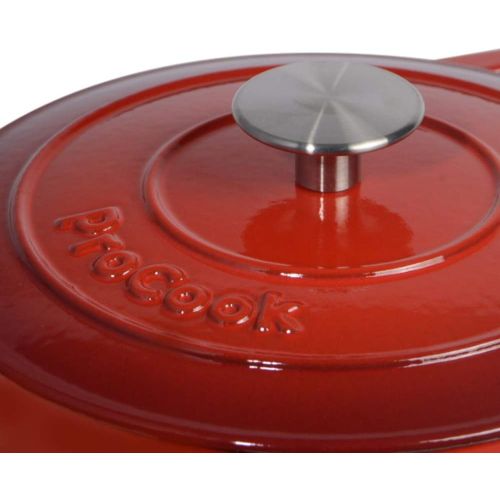  ProCook | niedriger Bratentopf aus Gusseisen | induktionsgeeignet | emailliert | Brater | Schmorpfanne | 28 cm Ø | 3,9 l Volumen | in schattiertem Rot