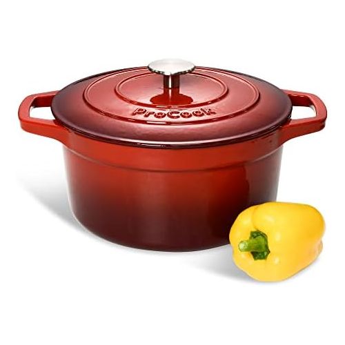  ProCook | Bratentopf aus Gusseisen | induktionsgeeignet | emailliert | Brater | Schmortopf | 24 cm Ø | 4,7 l Volumen | rund | in schattiertem Rot