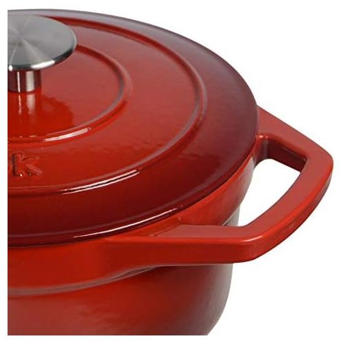  ProCook | Bratentopf aus Gusseisen | induktionsgeeignet | emailliert | Brater | Schmortopf | 24 cm Ø | 4,7 l Volumen | rund | in schattiertem Rot