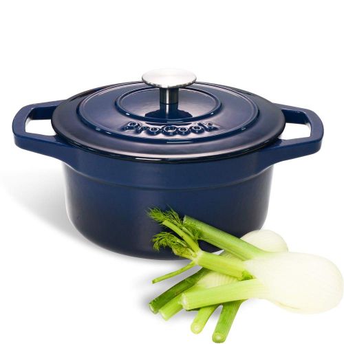  ProCook | Bratentopf aus Gusseisen | induktionsgeeignet | emailliert | Brater | Schmortopf | 20 cm Ø | 2,7 l Volumen | rund | in schattiertem Blau