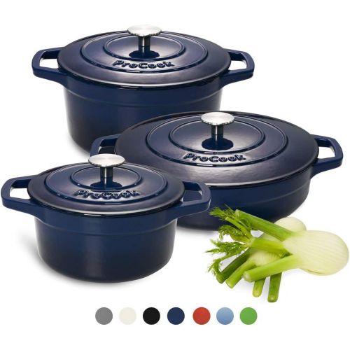  ProCook - Bratentopfset aus Gusseisen - induktionsgeeignet - emailliert - Brater - Schmorpfanne - Schmortopf - 3-teiliges Set -