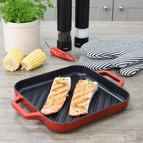  ProCook - quadratische Grillpfanne aus Gusseisen - emailliert - Induktion -Gusseisenpfanne - mit zwei Griffen - 26 cm - Rot