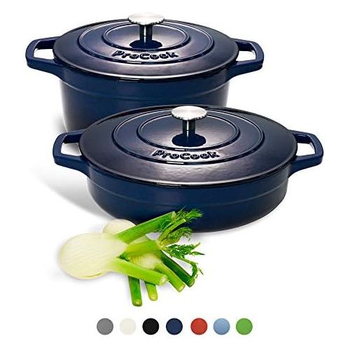  ProCook - Bratentopfset aus Gusseisen - induktionsgeeignet - 2-teiliges Set - in schattiertem Blau - emailliert - Brater - Schmorpfanne - Schmortopf