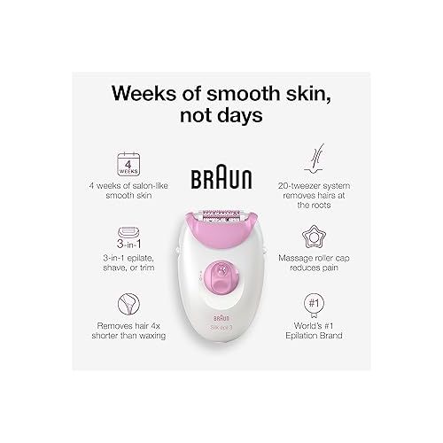  Braun Epilator Silk-epil 3 3-270, Hair Removal Device, Epilator for Women, Shaver & Trimmer, Hair Removal