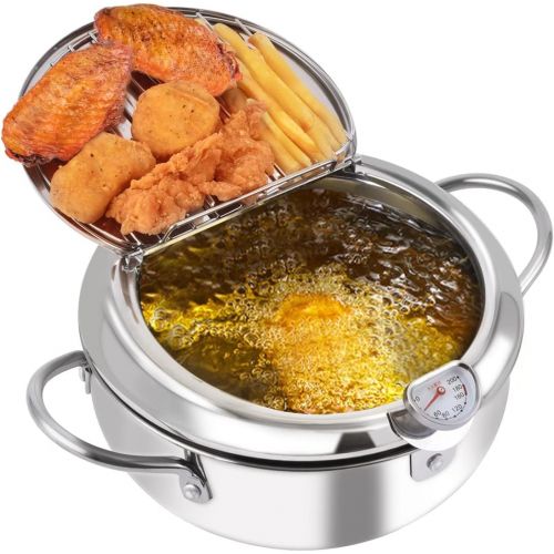  Prodent Tempura Deep Frying Pot,Deep Fryer Pot with Lid,2.2L Japanese Tempura Small Deep Fryer with Thermometer,Stainless Steel Fryer Pot,for Kitchen French Fries,Fish and Shrimp(7