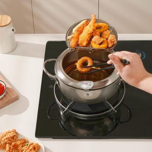  Prodent Tempura Deep Frying Pot,Deep Fryer Pot with Lid,2.2L Japanese Tempura Small Deep Fryer with Thermometer,Stainless Steel Fryer Pot,for Kitchen French Fries,Fish and Shrimp(7