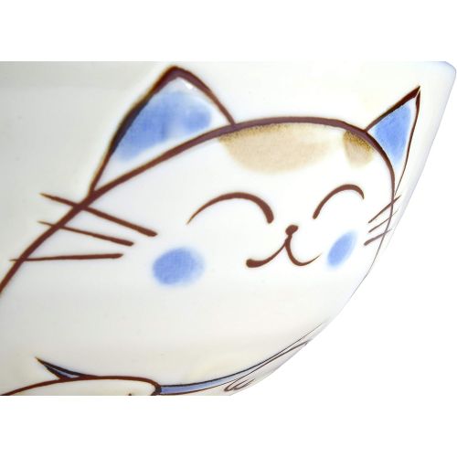  [아마존베스트]Product of gifu japan Japanese Handcrafted Rice Bowl, Authentic Mino Ware Pottery, Calico Cat Motif Design, MIKE Blue Chawan, set of 2