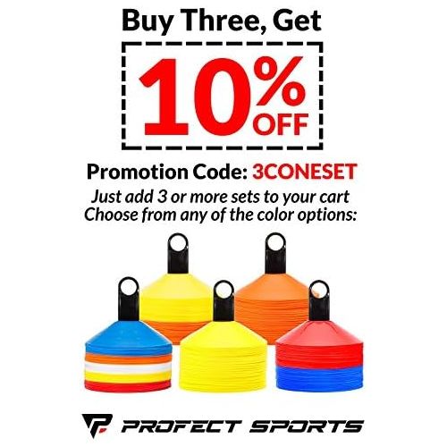  Profect Sports Pro Disc Cones (Set of 50) - Agility Soccer Cones with Carry Bag and Holder for Sports Training, Football, Basketball, Coaching, Practice Equipment, Kids - Includes 15 Best Cone Dr