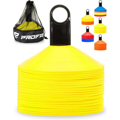  Profect Sports Pro Disc Cones (Set of 50) - Agility Soccer Cones with Carry Bag and Holder for Sports Training, Football, Basketball, Coaching, Practice Equipment, Kids - Includes 15 Best Cone Dr