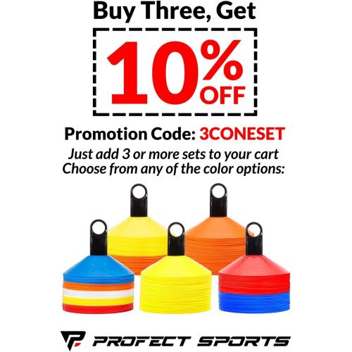  Profect Sports Pro Disc Cones (Set of 50) - Agility Soccer Cones with Carry Bag and Holder for Sports Training, Football, Basketball, Coaching, Practice Equipment, Kids - Includes 15 Best Cone Dr