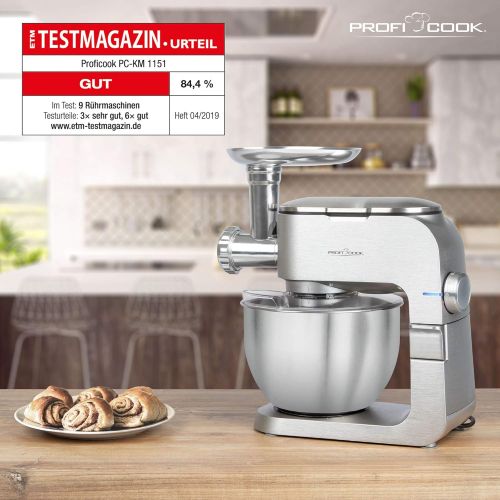  ProfiCook PC-KM 1151 2in1 Multi-Kuechenmaschine und Fleischwolf mit Alu-Druckguss-Gehause, 8 Geschwindigkeitsstufen, 6,5 L Edelstahlschuessel, umfangreiches Zubehoer, 1300 W